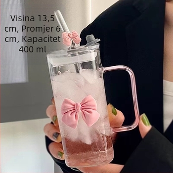 Staklena šalica s kvadratnom mašnom i ručkom, visokog izgleda, otpornosti na visoke temperature, slatka ružičasta šalica slamke u obliku vile