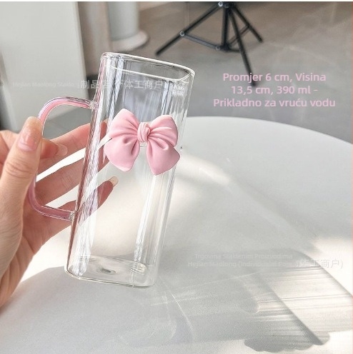 Staklena šalica s kvadratnom mašnom i ručkom, visokog izgleda, otpornosti na visoke temperature, slatka ružičasta šalica slamke u obliku vile