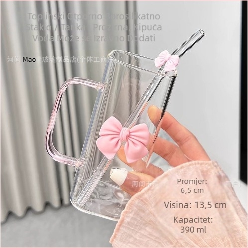 Staklena šalica s kvadratnom mašnom i ručkom, visokog izgleda, otpornosti na visoke temperature, slatka ružičasta šalica slamke u obliku vile