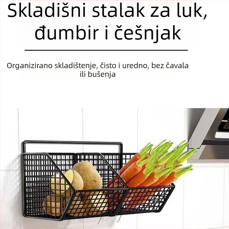 Zidni stalak za pohranu u kuhinji za mladi luk, đumbir i češnjak, željezni stalak, neperforirani viseći okvir za začine, zidna košara za cijeđenje