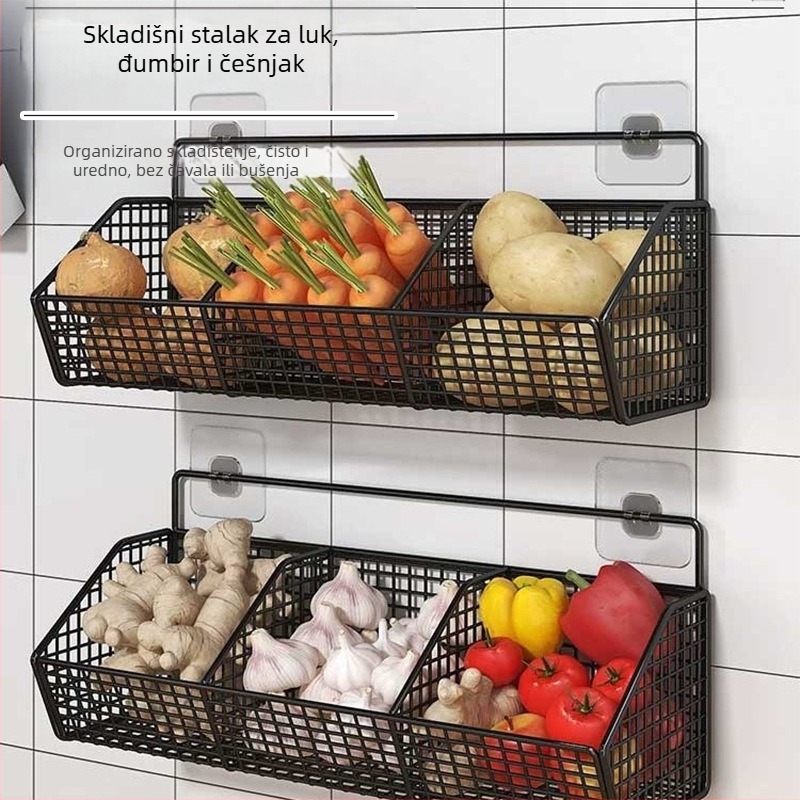 Zidni stalak za pohranu u kuhinji za mladi luk, đumbir i češnjak, željezni stalak, neperforirani viseći okvir za začine, zidna košara za cijeđenje