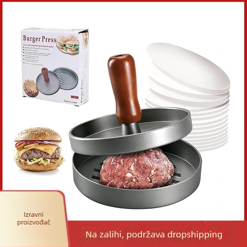 Prekogranična preša za hamburgere i meso, okrugla drvena ručka, boja u spreju, aluminijska legura, tanjur za hamburgere i meso, kalup za rižine kuglice i pitu od mesa