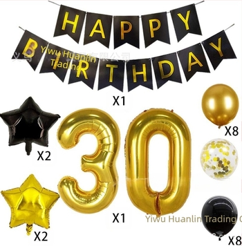 Prekogranični 40-inčni digitalni balon od aluminijske folije s crno-zlatnim izvlačenjem, zastavom i šljokicama, kombinacija balona, tema rođendanske zabave, prekogranični ukras