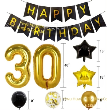 Prekogranični 40-inčni digitalni balon od aluminijske folije s crno-zlatnim izvlačenjem, zastavom i šljokicama, kombinacija balona, tema rođendanske zabave, prekogranični ukras