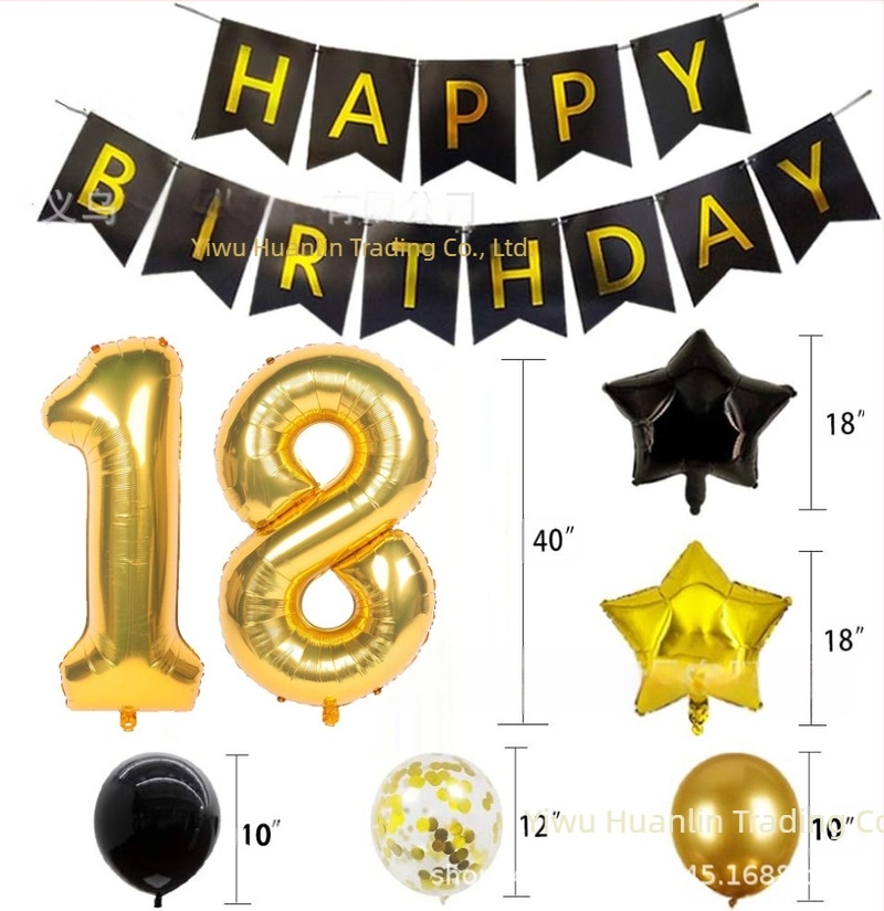 Prekogranični 40-inčni digitalni balon od aluminijske folije s crno-zlatnim izvlačenjem, zastavom i šljokicama, kombinacija balona, tema rođendanske zabave, prekogranični ukras
