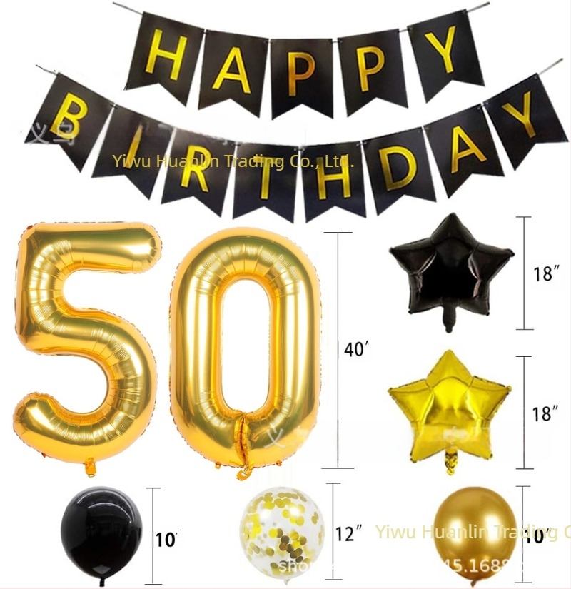 Prekogranični 40-inčni digitalni balon od aluminijske folije s crno-zlatnim izvlačenjem, zastavom i šljokicama, kombinacija balona, tema rođendanske zabave, prekogranični ukras