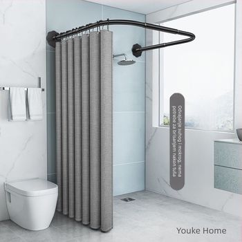 Odijelo za zavjesu za tuširanje, zakrivljena šipka za zavjesu u obliku slova U, bez bušenja, vodootporna zavjesa za kupaonicu, pregradna zavjesa za tuširanje, imitacija lana, zadebljana zavjesa