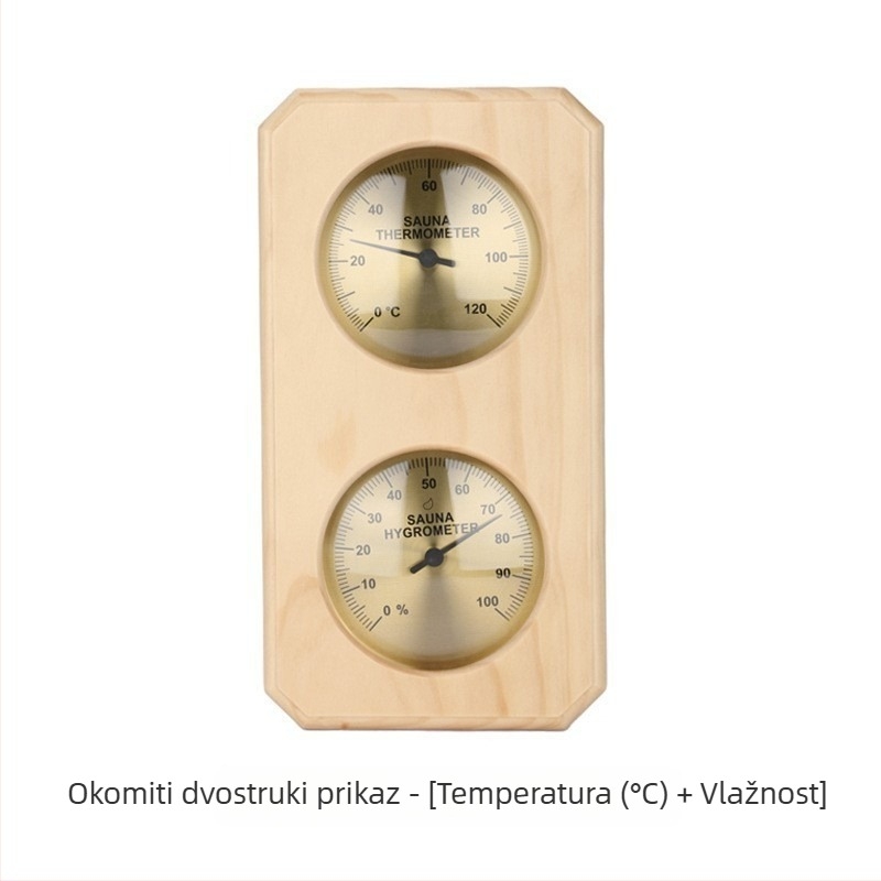 Mehanički termometar s kazaljkom, higrometar, otporan na visoku vlažnost, borov okvir, znojnica, poseban mjerač temperature i vlažnosti