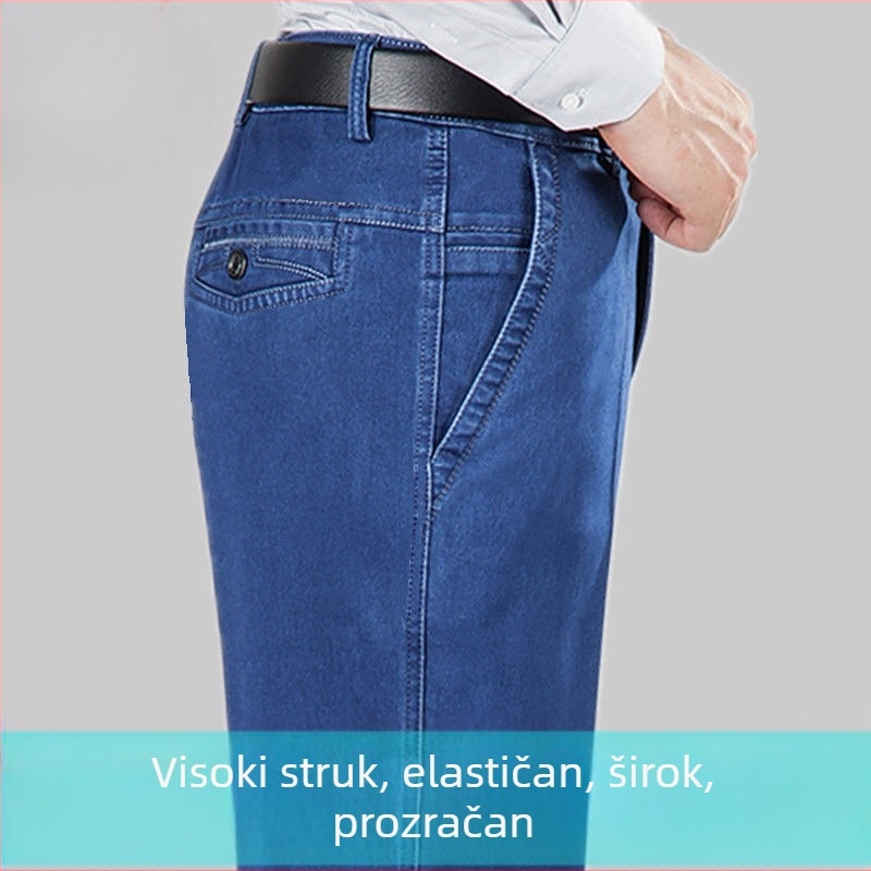 Jesenske i zimske debele rastezljive muške ravne, široke, visokog struka, velike veličine, za muškarce srednje dobi, poslovno ležerne duge hlače