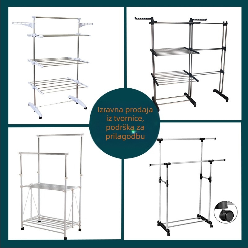 Vješalica za odjeću od nehrđajućeg čelika s jednom i dvostrukom šipkom, zadebljana, za unutarnju upotrebu, za sušenje prekrivača na balkonu, pomična, uvlačiva podna vješalica za odjeću