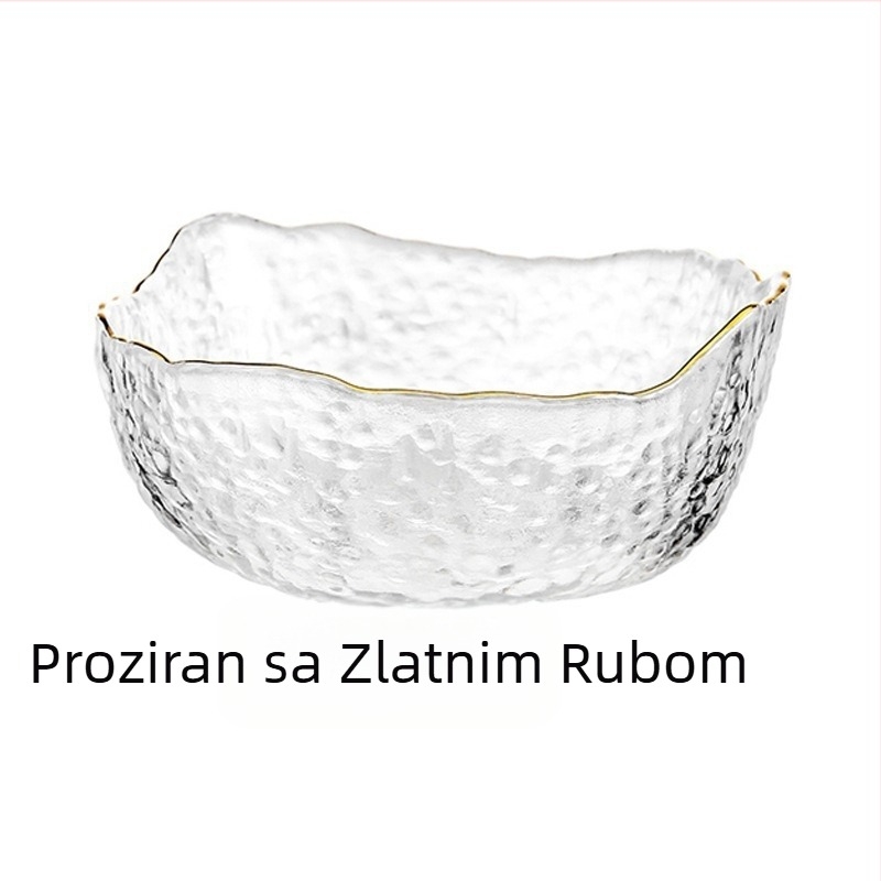 Zdjela za salatu od čekićanog nepravilnog stakla sa zlatnim rubom za kućnu upotrebu, prozirna kućna zdjela, zdjela za voće s vrhunskim osjećajem