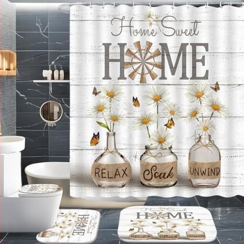 Set od 4 komada ljubičaste zavjese za tuširanje s lavandom, odijelo Home Sweet, upijajuća prostirka za kupaonicu, prostirka za WC, prostirka za stopala u obliku slova U