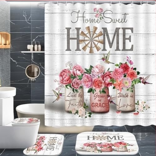 Set od 4 komada ljubičaste zavjese za tuširanje s lavandom, odijelo Home Sweet, upijajuća prostirka za kupaonicu, prostirka za WC, prostirka za stopala u obliku slova U