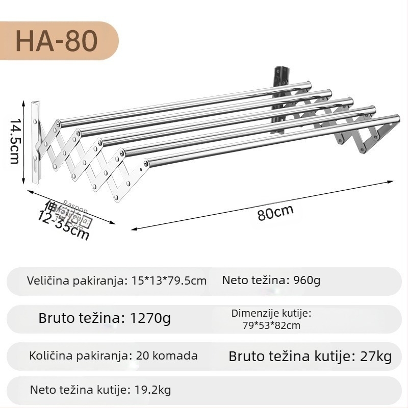Uvlačivi stalak za ručnike od nehrđajućeg čelika bez bušenja, stalak za sušenje odjeće za balkon, kupaonski rastezljivi sklopivi stalak za ručnike