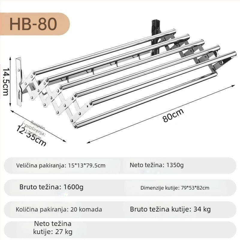 Uvlačivi stalak za ručnike od nehrđajućeg čelika bez bušenja, stalak za sušenje odjeće za balkon, kupaonski rastezljivi sklopivi stalak za ručnike