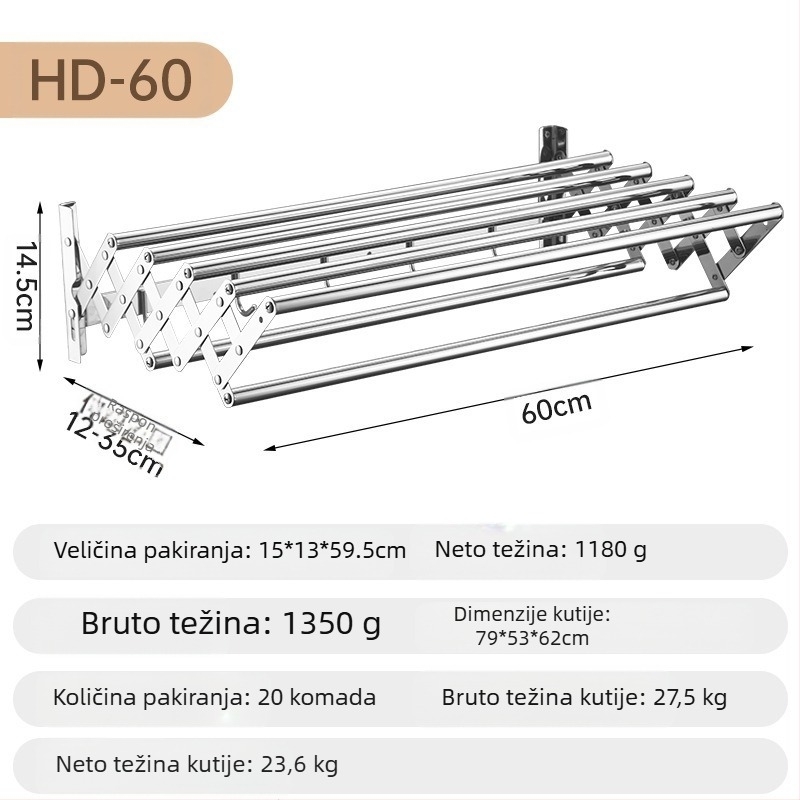 Uvlačivi stalak za ručnike od nehrđajućeg čelika bez bušenja, stalak za sušenje odjeće za balkon, kupaonski rastezljivi sklopivi stalak za ručnike