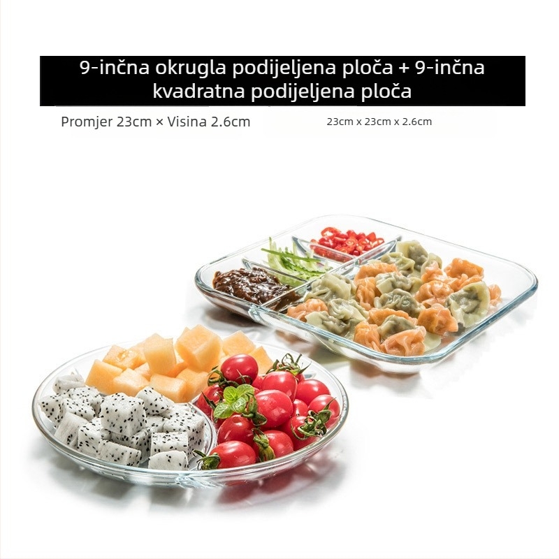 Kaljeno staklo Tanjur s tri pretinca za doručak Posuđe za jelo Tanjur za odvajanje Kućanski tanjur za voće Višenamjenski tanjur za jelo