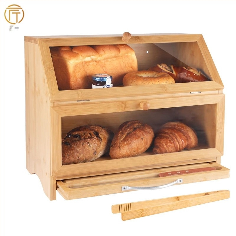 Kutija za kruh Kuhinjski pult Kutija za kruh od bambusa velikog kapaciteta Posuda za pohranu kruha s prozorčićem za kruh