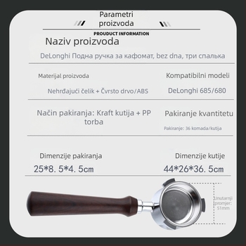 Ručka talijanskog aparata za kavu, ručka od punog drva, nehrđajući čelik, ručka za kavu s tri uha, Delong ručka bez dna 51 mm