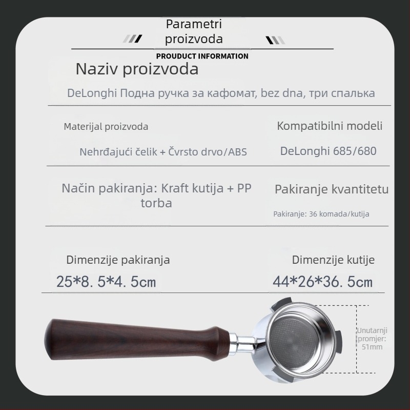 Ručka talijanskog aparata za kavu, ručka od punog drva, nehrđajući čelik, ručka za kavu s tri uha, Delong ručka bez dna 51 mm