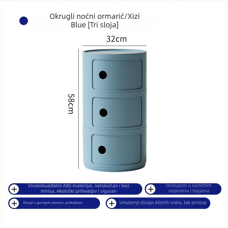 Kružni plastični noćni ormarić u skandinavskom stilu, s višestrukim slojevima skladištenja za dnevni boravak