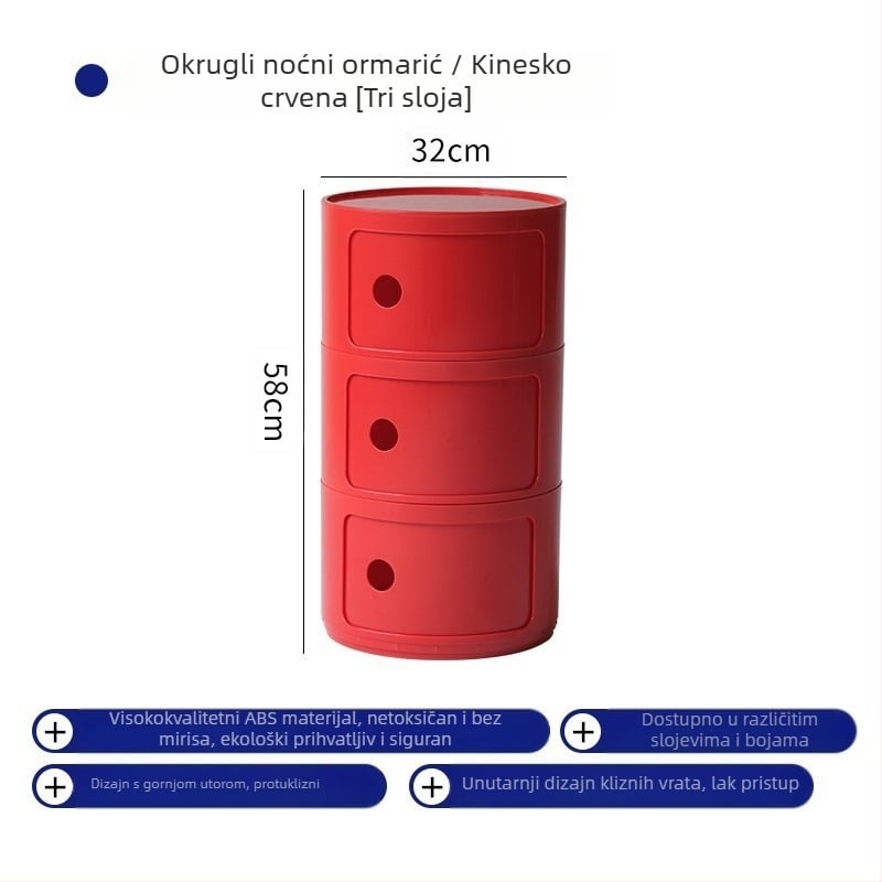 Kružni plastični noćni ormarić u skandinavskom stilu, s višestrukim slojevima skladištenja za dnevni boravak