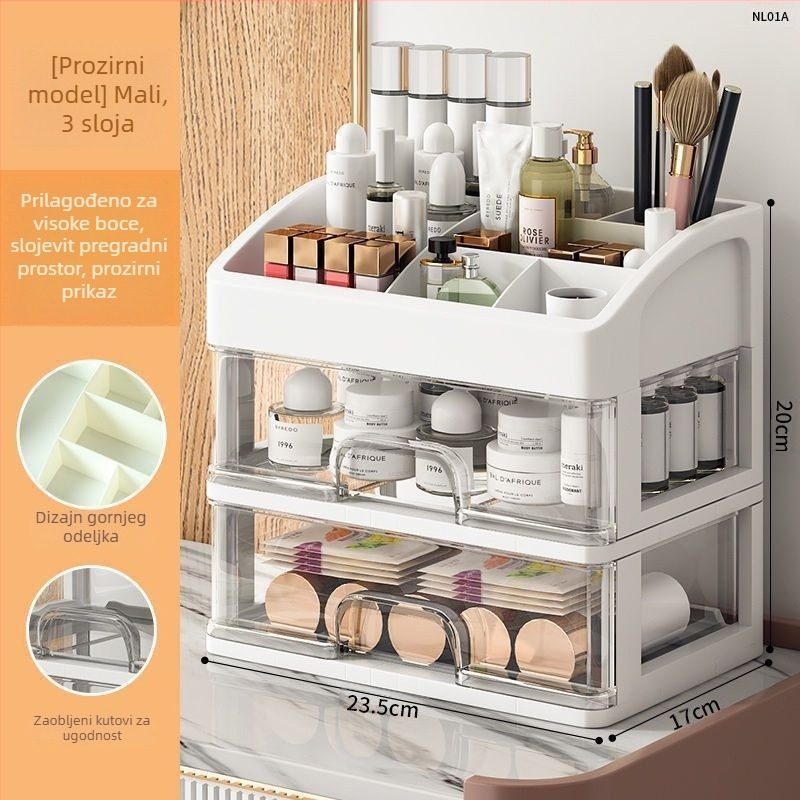Kutija za pohranu kozmetike, prozirna stolna ladica, tip, otporna na prašinu, toaletni stolić za njegu kože, veliki kapacitet, kutija za šminku za spavaonicu
