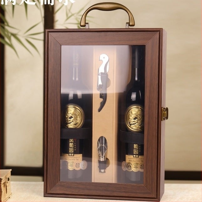 Nova prozirna dvostruka poklon kutija za crno vino s prozorom, 2 boce vina, kutija za pakiranje, dvije drvene kutije za crno vino