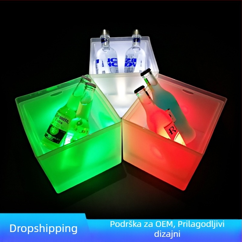 Kvadratna dvoslojna PP matirana plastika, svjetleća kanta za led, mala, 3,5 l, baterijska kanta za pivo i šampanjac