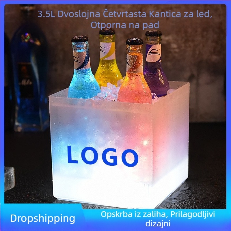 Kvadratna dvoslojna PP matirana plastika, svjetleća kanta za led, mala, 3,5 l, baterijska kanta za pivo i šampanjac