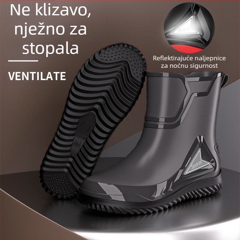 Muške čizme za vanjsku trgovinu, britanske modne, srednje velike, noćne reflektirajuće, integrirane, vodootporne cipele s vezicom, neklizajuće muške čizme za kišu, ribarske gumene cipele