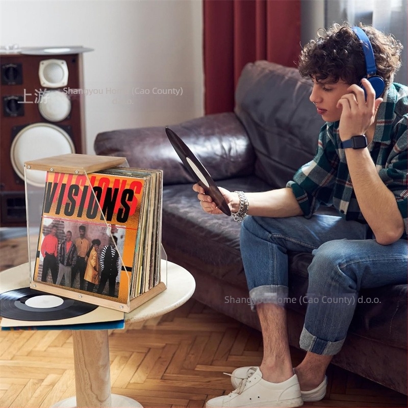Drveni stalak za ploče, ukrasi za stol, prozirni stalak za vinilne ploče, kutija za pohranu knjiga s trakom, kutija za pohranu od punog drva