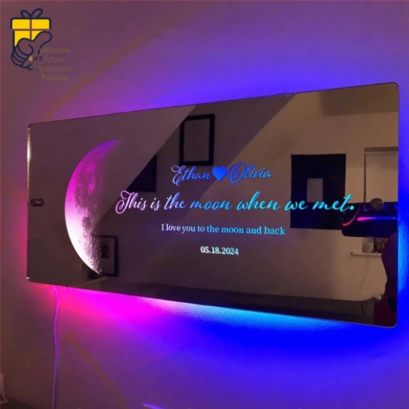TEMU Hindi Moon Mirror Lamp Custom POD Naziv Poruka Pravokutni ukrasi za ogledalo Valentinovo poklon