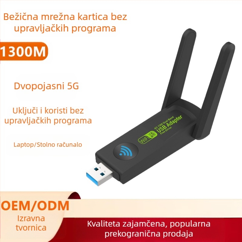 Bežična mrežna kartica od 1300 m, gigabitni dvopojasni USB prijemnik/odašiljač bez upravljačkih programa, Wifi, potpuna mrežna kompatibilnost