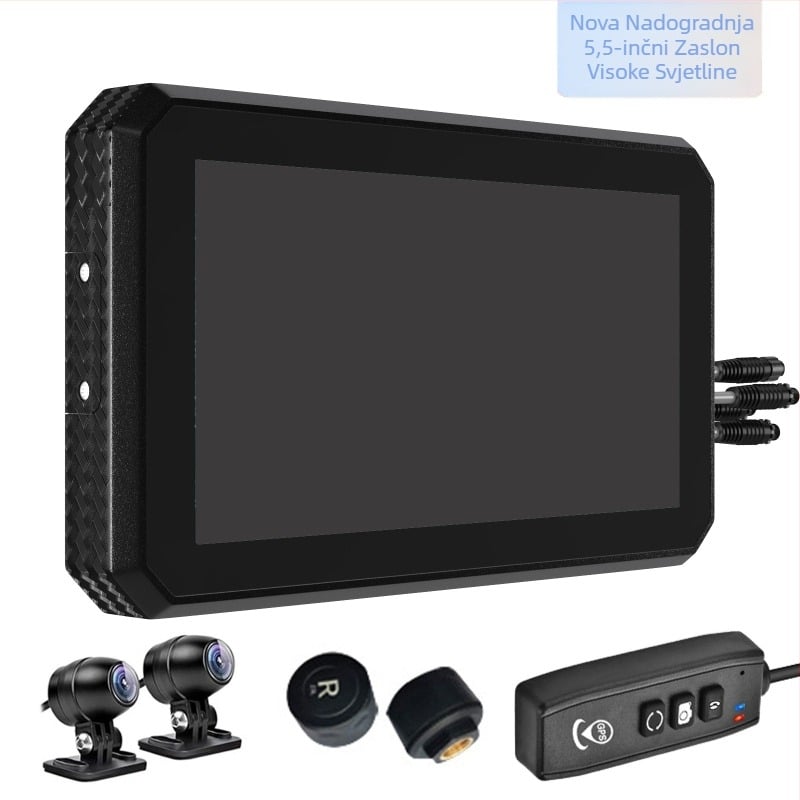 5,5-inčni snimač vožnje motocikla, bežični projekcijski ekran za Carplay, navigacija, detekcija tlaka u gumama, prednje i stražnje dvostruke leće