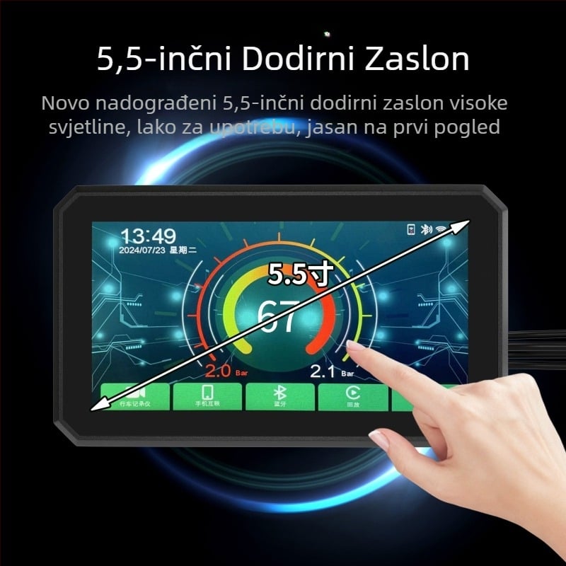 5,5-inčni snimač vožnje motocikla, bežični projekcijski ekran za Carplay, navigacija, detekcija tlaka u gumama, prednje i stražnje dvostruke leće