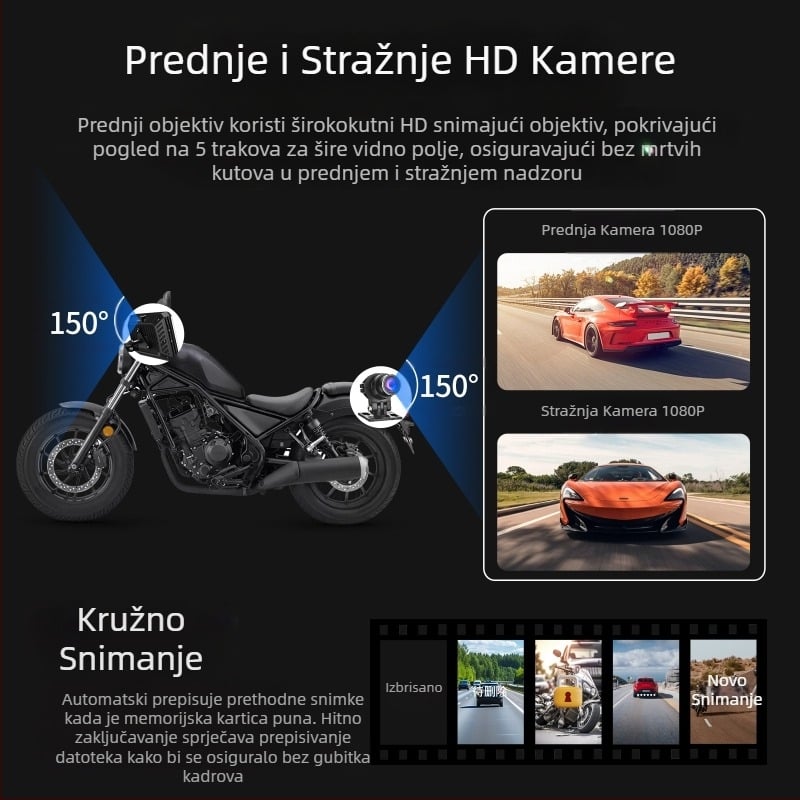 5,5-inčni snimač vožnje motocikla, bežični projekcijski ekran za Carplay, navigacija, detekcija tlaka u gumama, prednje i stražnje dvostruke leće