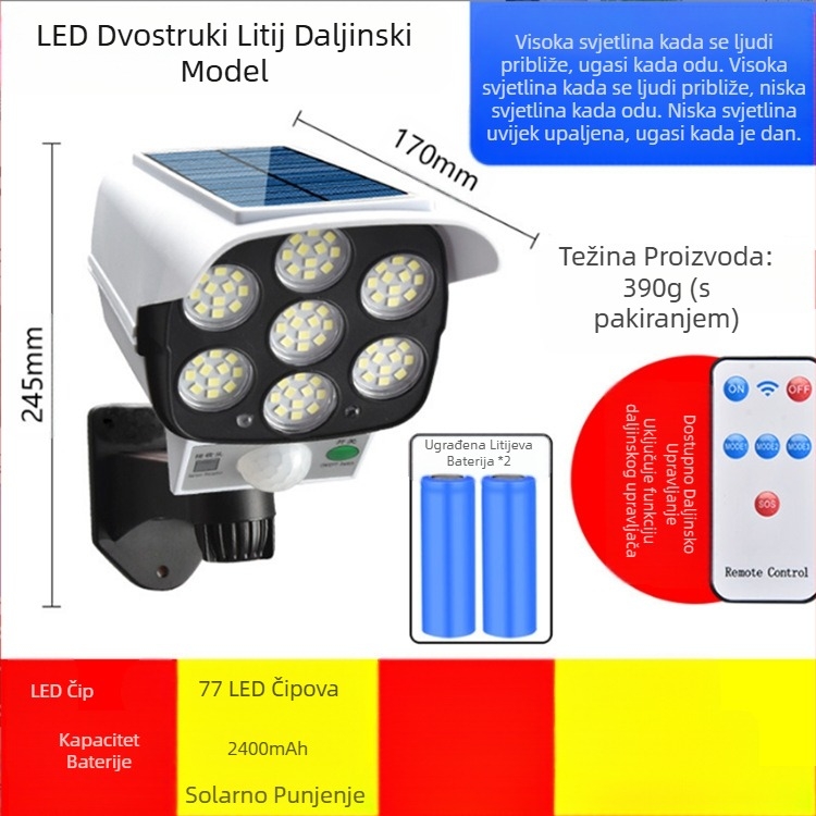 Prekogranična daljinski upravljana solarna simulacijska nadzorna lampa indukcijska ulična svjetiljka zidna svjetiljka vrtna svjetiljka LED lažna kamera protiv provalnika