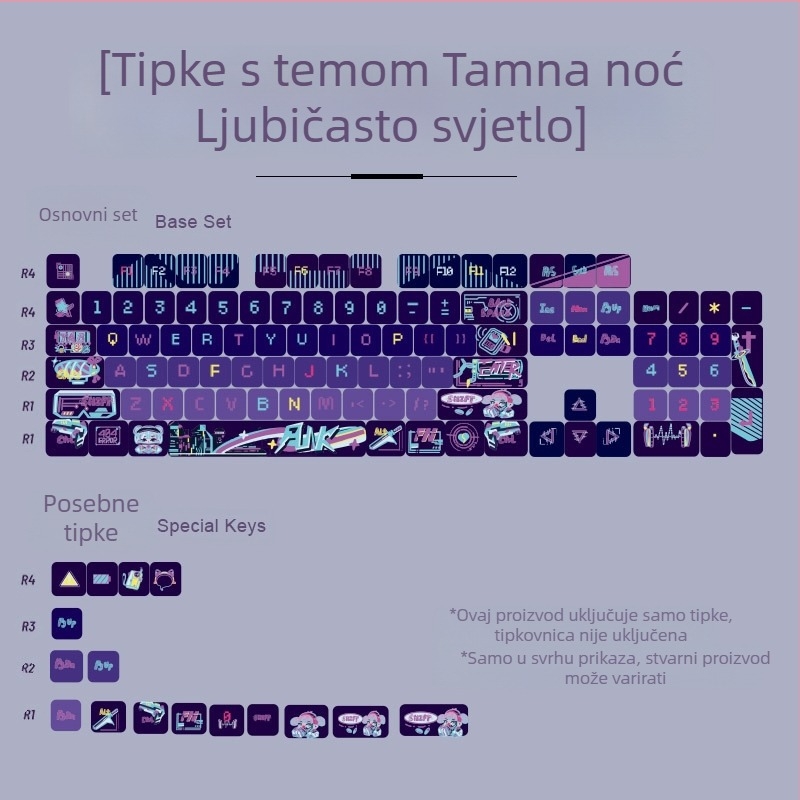 Tamna noćna ljubičasta svjetlosna tema tipkovnice PBT četverostrana prozirna termalna sublimacija MDA dvostruka kuglasta kapica za mlijeko 84/87/98/117