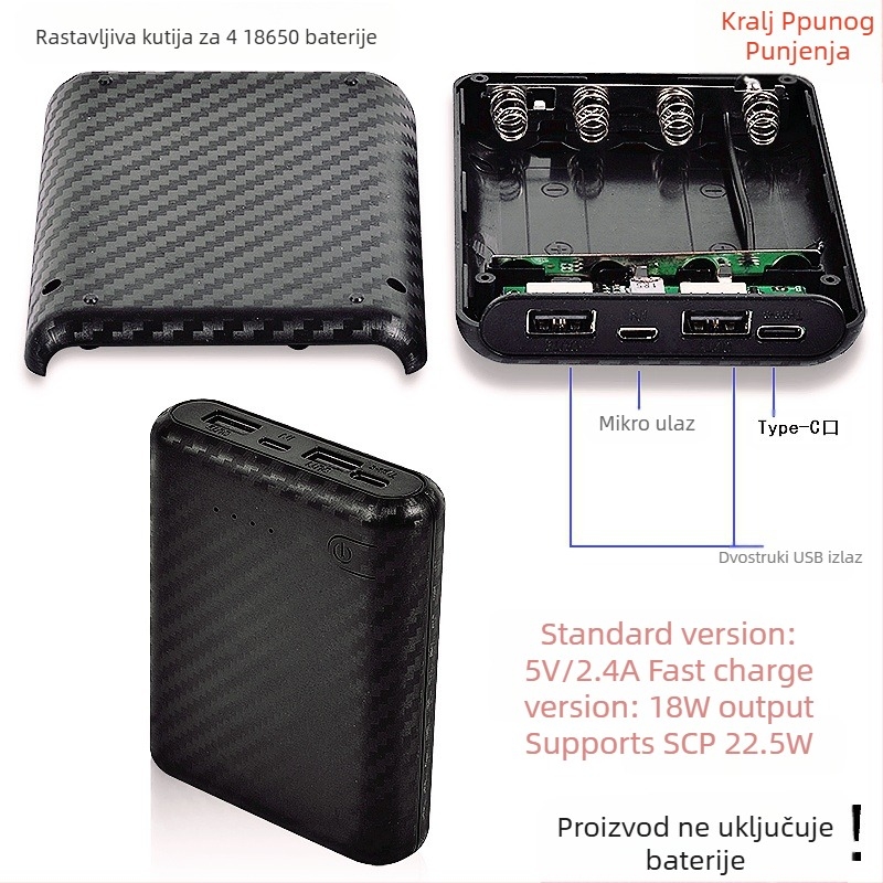 Veleprodaja Power Bank 4-ćelijska kutija za baterije 18650 Mobilno napajanje Materijal za gniježđenje bez zavarivanja DIY Materijal za gniježđenje kućišta Power Banka