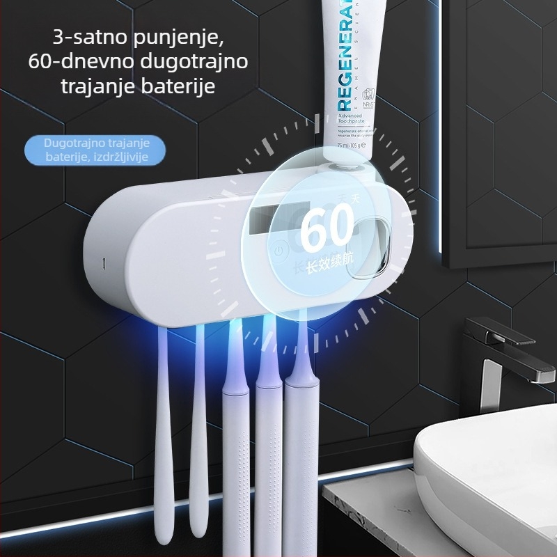 Inteligentni držač četkica za zube za UV sterilizaciju, kupaonski s automatskim stiskačem paste za zube, bez bušilice, zidni set za pranje