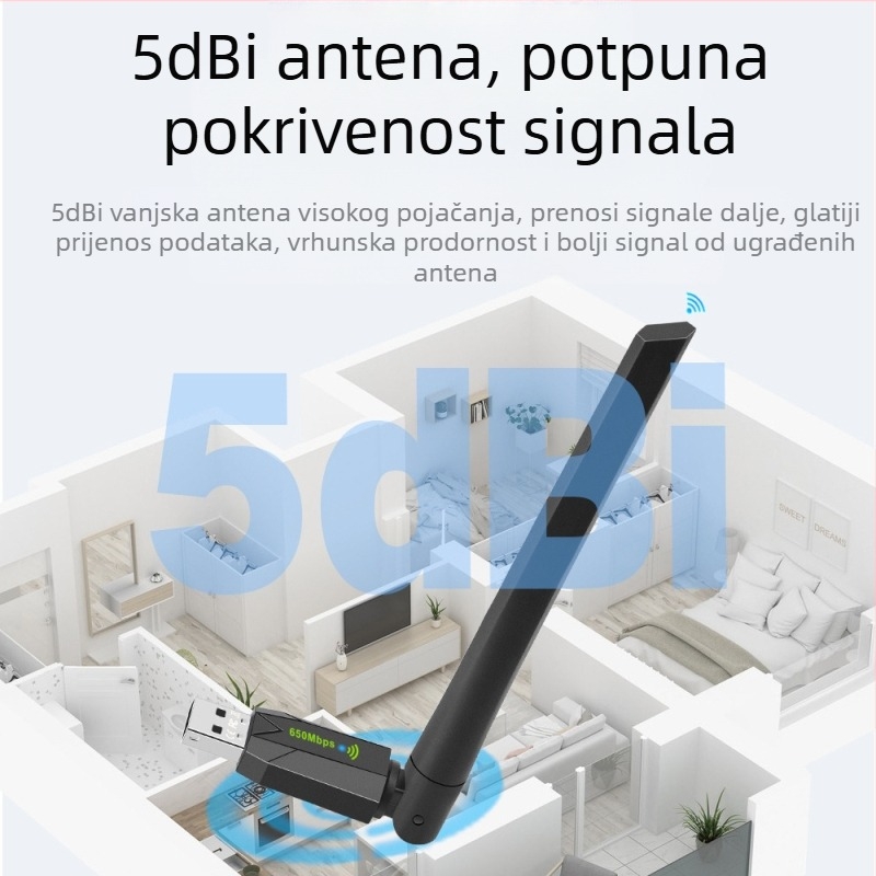 Bežična mrežna kartica s dvostrukom frekvencijom USB od 650 m bez pogona, 5G bežični WiFi mrežni adapter za stolno računalo