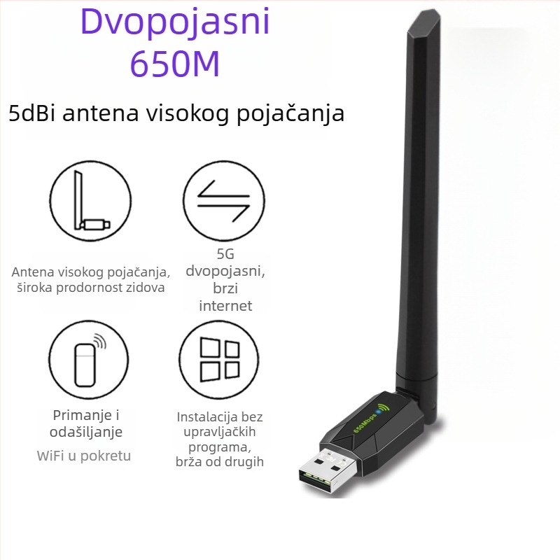 Bežična mrežna kartica s dvostrukom frekvencijom USB od 650 m bez pogona, 5G bežični WiFi mrežni adapter za stolno računalo