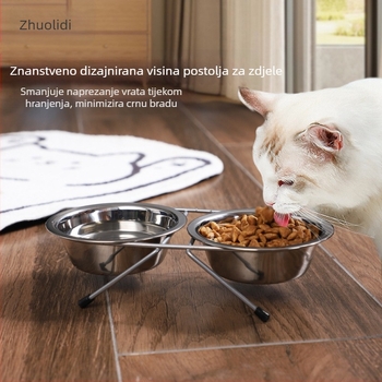 Zdjela za mačke od nehrđajućeg čelika, zdjela za kućne ljubimce, prekogranična integrirana dvostruka zdjela, veleprodaja, zaštita vrata, zdjela za mačju hranu, pribor za kućne ljubimce, željezni stalak za zdjele