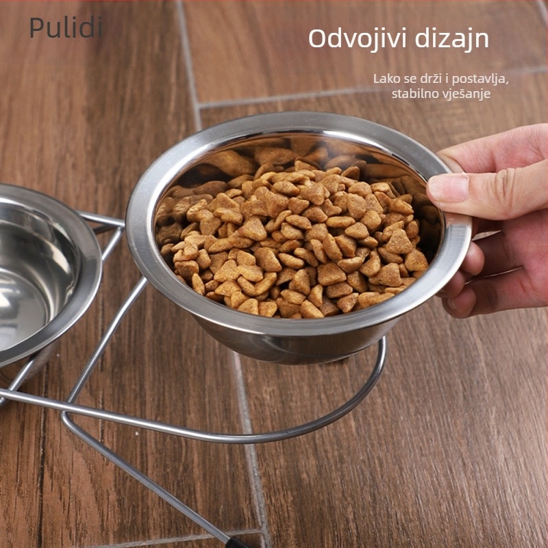 Zdjela za mačke od nehrđajućeg čelika, zdjela za kućne ljubimce, prekogranična integrirana dvostruka zdjela, veleprodaja, zaštita vrata, zdjela za mačju hranu, pribor za kućne ljubimce, željezni stalak za zdjele