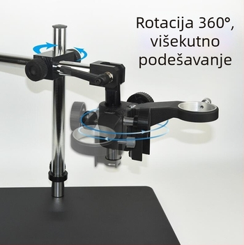 Proizvođači isporučuju mikroskop s univerzalnim dugim nosačem, podesivim rotacijskim produžetkom, rotirajućim nosačem, metalnom podnožjem stupa