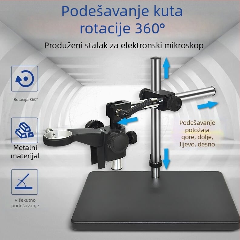 Proizvođači isporučuju mikroskop s univerzalnim dugim nosačem, podesivim rotacijskim produžetkom, rotirajućim nosačem, metalnom podnožjem stupa