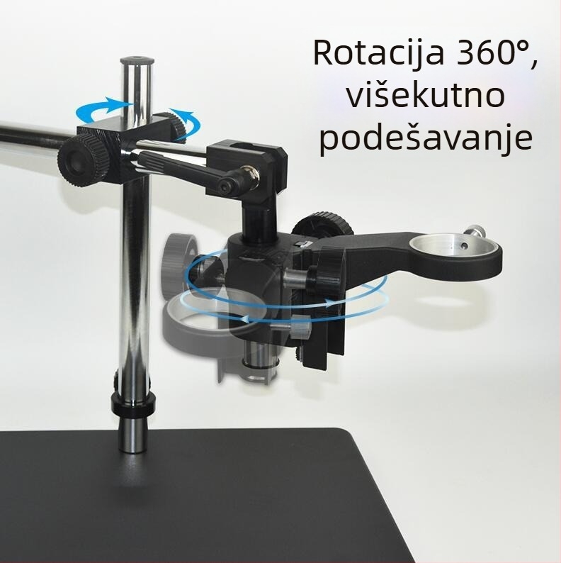 Proizvođači isporučuju mikroskop s univerzalnim dugim nosačem, podesivim rotacijskim produžetkom, rotirajućim nosačem, metalnom podnožjem stupa