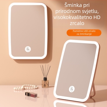 Kozmetičko ogledalo s punjivom LED lampom, ruž za usne u prahu, dvostruka namjena, uvećano kozmetičko ogledalo, ručno, dvostrano sklopivo, prijenosno