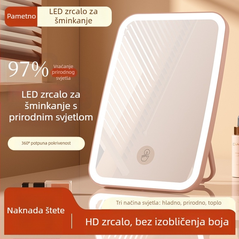 Kozmetičko ogledalo s punjivom LED lampom, ruž za usne u prahu, dvostruka namjena, uvećano kozmetičko ogledalo, ručno, dvostrano sklopivo, prijenosno